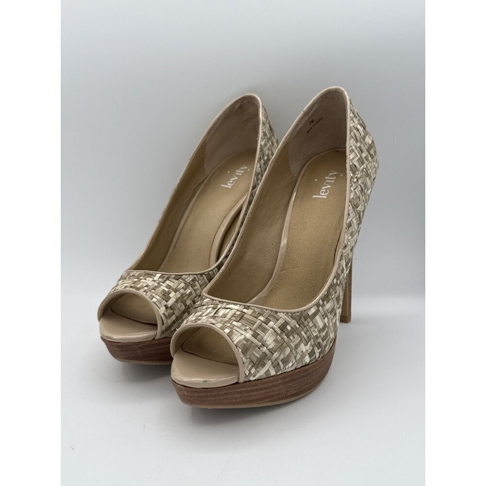 Levity Womens Peep Toe Platform Heels Size 7M Woven Texture Beige & Brown